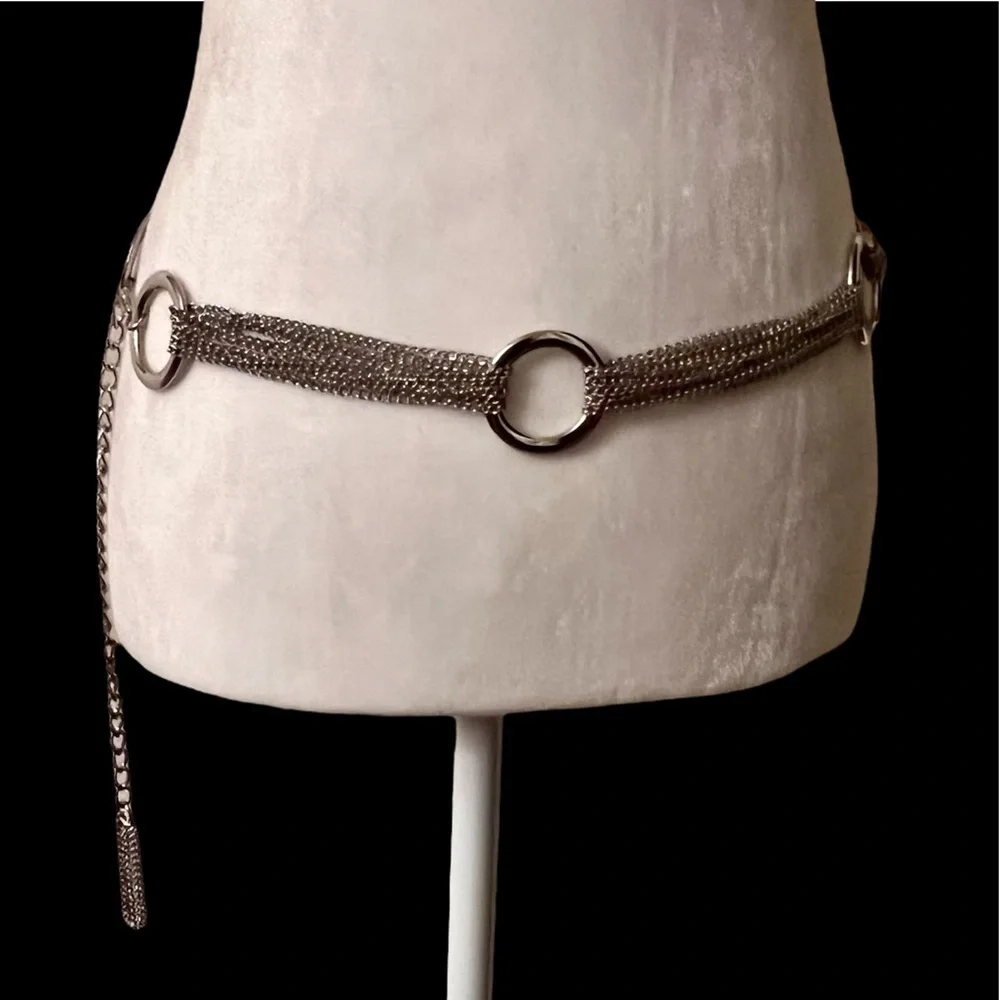 Silver Ring Multi-Chain Tassel Belt | Boho Layered Drape Waist Chain EUC